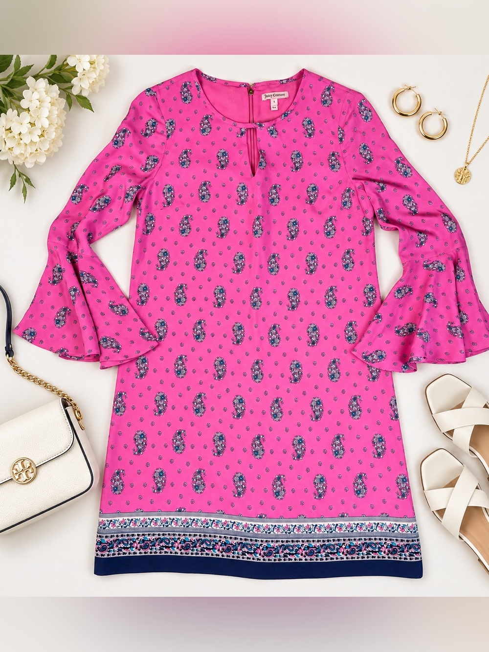 Juicy Couture Pink Paisley Silk Bell Sleeve Shift/Shirt Dress Size 0
